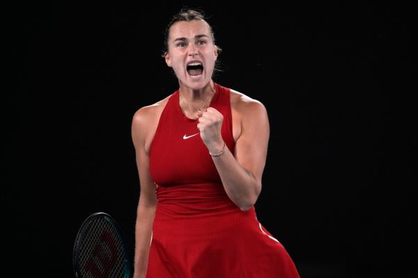 Aryna Sabalenka of Belarus reacts during her quarterfinal against Barbora Krejcikova of the Czech Republic dat the Australian Open tennis champio<em></em>nships at Melbourne Park, Melbourne, Australia, Tuesday, Jan. 23, 2024.