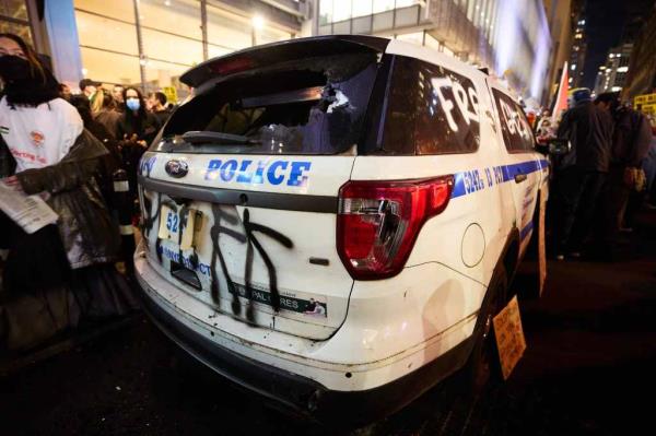 A vandalized NYPD SUV