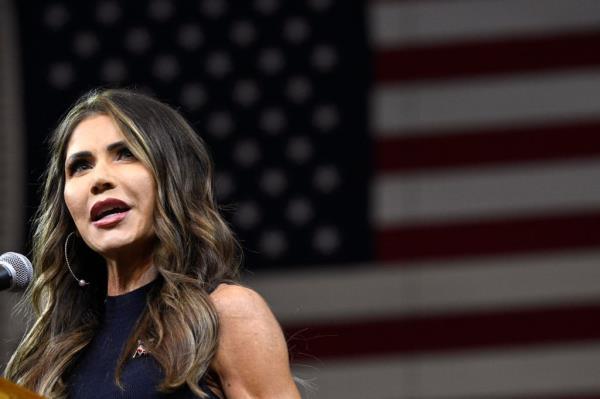 South Dakota Governor, Kristi Noem, speaks during the South Dakota Republican Party's Mo<em></em>numental Leaders rally on Sept. 8, 2023.