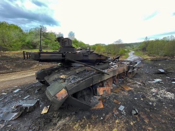 Charred remains of Russian T-90 tank.