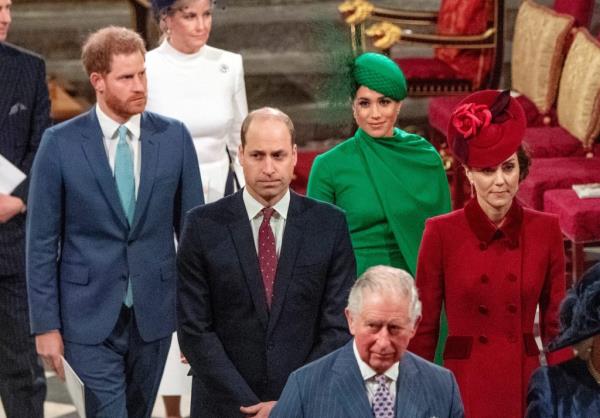 Britain's Prince Charles, Prince William with Catherine, Duchess of Cambridge, and Prince Harry with Meghan, Duchess of Sussex attending the annual Commo<em></em>nwealth Service at Westminster Abbey, March 9, 2020