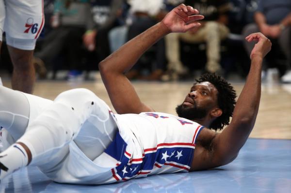 Joel Embiid reacts during a loss to the Grizzlies on Nov. 20, 2024.