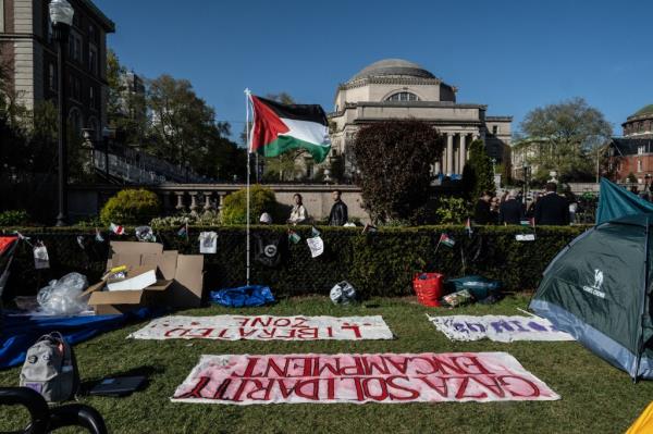 The encampment set up by anti-Israel protesters at Columbia on April 26, 2024.