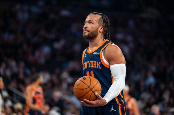 New York Knicks guard Jalen Brunson (11) looks on during the first half against the Cleveland Cavaliers at Madison Square Garden, Monday, Oct. 28, 2024