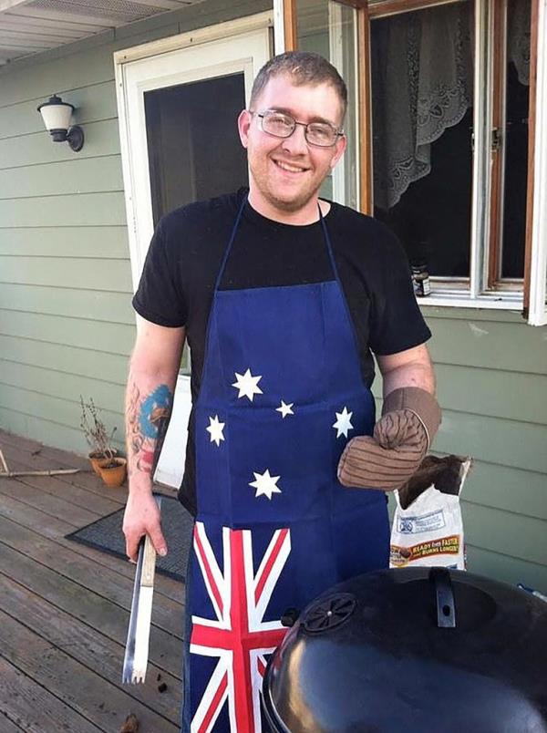 Brian Johnston pictured in an Australian flag apron