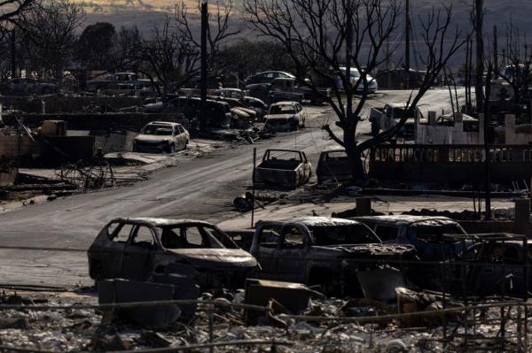 Damaged cars and houses in ruin are all that is left of a neighborhood after the Lahaina Fire swept through the city of Lahaina, Hawaii, USA, 16 August 2023.