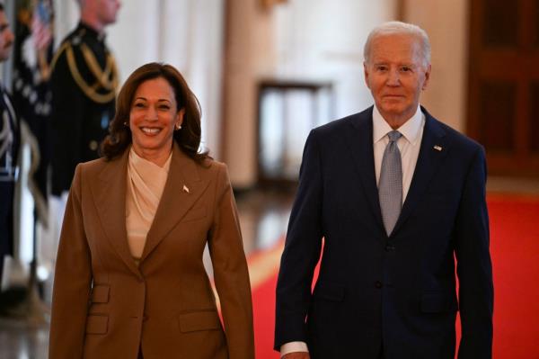 U.S. President Joe Biden and Vice President Kamala Harris walking to welcome the 2023 WNBA champion Las Vegas Aces at a White House celebration