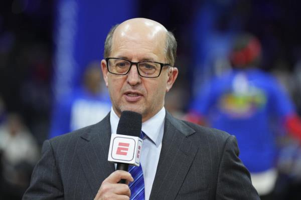 PHILADELPHIA, PA - FEBRUARY 25: ESPN analyst Jeff Van Gundy looks on prior to the game between the Boston Celtics and Philadelphia 76ers at the Wells Fargo Center on February 25, 2023 in Philadelphia, Pennsylvania. The Celtics defeated the 76ers 110-107. NOTE TO USER: User expressly acknowledges and agrees that, by downloading and or using this photograph, User is co<em></em>nsenting to the terms and co<em></em>nditions of the Getty Images License Agreement. (Photo by Mitchell Leff/Getty Images)