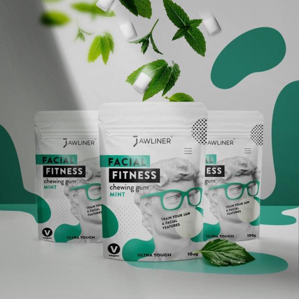 A group of Jawliner Fitness Chewing Gum packages with text and images