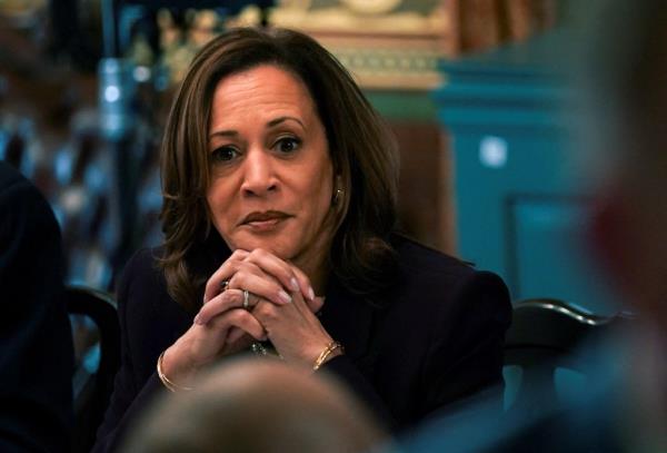 U.S. Vice President Kamala Harris looks on during a meeting with Israeli Prime Minister Benjamin Netanyahu.