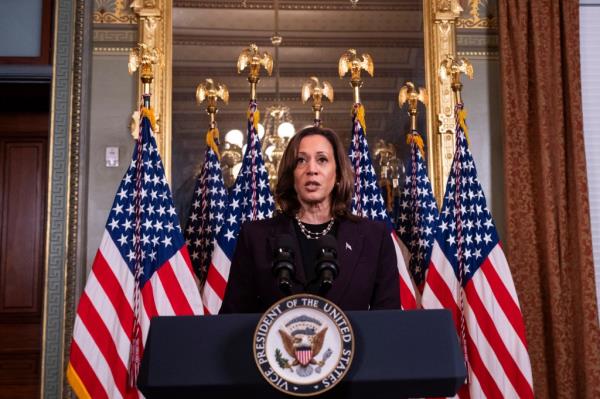 US Vice President Kamala Harris speaks to the press following a meeting with Israeli Prime Minister Benjamin Netanyahu