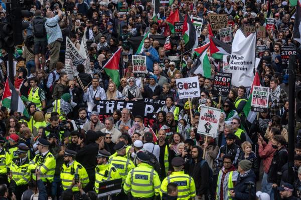 People take part in a demo<em></em>nstration in support of Palestine on October 14, 2023 in London, United Kingdom.