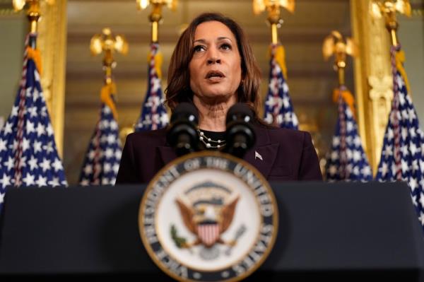 Vice President Kamala Harris speaking at a podium after meeting with Israeli Prime Minister Benjamin Netanyahu at the White House