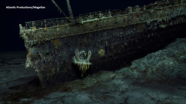 The wreckage of the Titanic remains split in two parts a<em></em>bout 12,500 feet at the bottom of the Atlantic. 