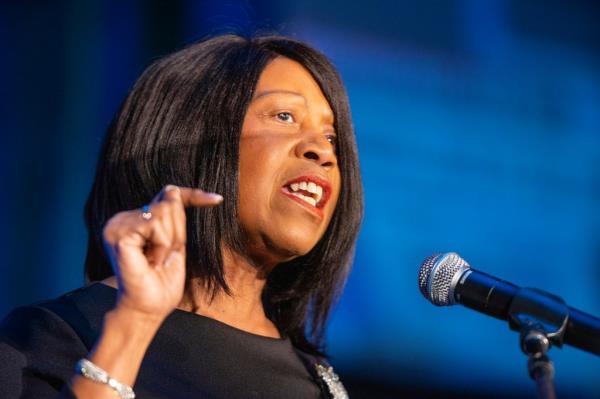 New Jersey Lt. Gov. Sheila Oliver speaks to supporters during an election night party in Asbury Park, N.J., Nov. 2, 2021.