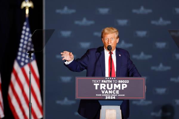 Republican presidential nominee former President Do<em></em>nald Trump speaks at a campaign rally in Concord, N.C., Monday, Oct. 21, 2024.