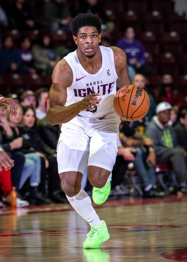 Scoot Henderson #0 of the G League Ignite dribbles the ball during an NBA G League game against the Raptors 905 at the Paramount Fine Foods Centre on March 6, 2023 in Mississauga, Ontario.  