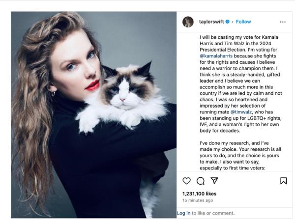 In the social media endorsement of Harris, Taylor Swift called herself a “childless cat lady.” 