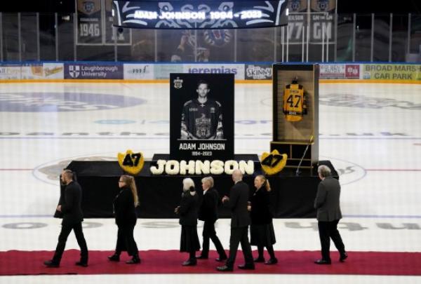 People queue to sign a book of co<em></em>ndolence as they attend a memorial for Nottingham Panthers' ice hockey player Adam Johnson at the Motorpoint Arena, Nottingham. Adam Johnson died after an accident during a Challenge Cup match with Sheffield Steelers last Saturday. Picture date: Saturday November 4, 2023. PA Photo. See PA story ICEHOCKEY Nottingham. Photo credit should read: Zac Goodwin/PA Wire.