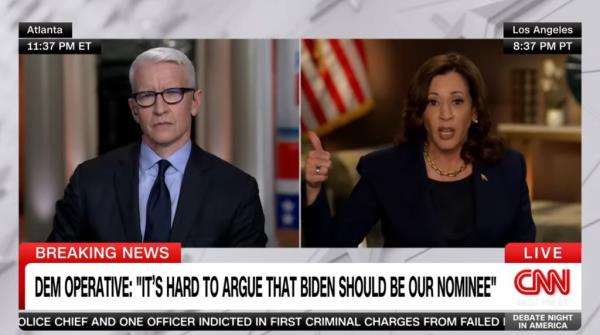 Vice President Kamala Harris appeared on CNN to give her post-debate assessment and was pushed very hard by anchor Anderson Cooper a<em></em>bout Biden's flailing performance.