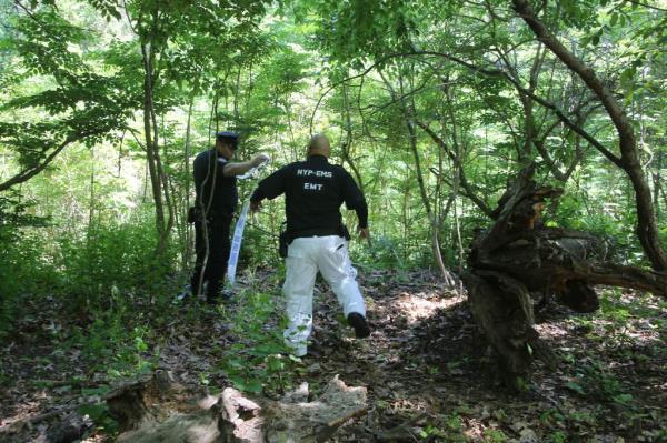 Police investigate the scene wher<em></em>e Julio Vasquez's body was found in Alley Pond Park in 2017.