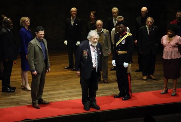 Richard Coyle, Sir Ian McKellen and Toheeb Jimoh bow at the curtain call during the press night performance of 