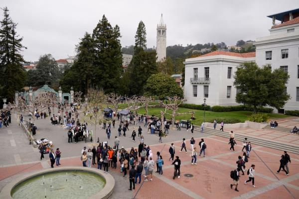 People are walking in a courtyard at the University of California, Berkeley.