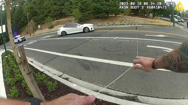 A sergeant is seen holding on to the spike sticks from a distance as the stolen white sedan approaches.