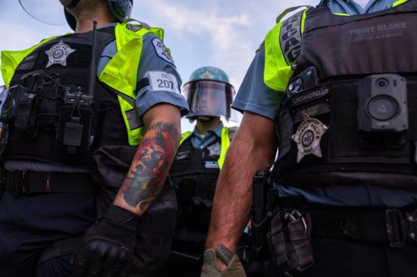 Chicago police mo<em></em>nitoring pro-Palestinian demo<em></em>nstrators during a protest march near the Democratic Natio<em></em>nal Convention, August 22, 2024.