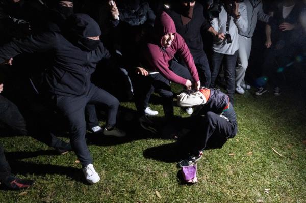 Pro-Palestinian demo<em></em>nstrator being attacked by counter-protesters at an encampment on UCLA campus during a clash