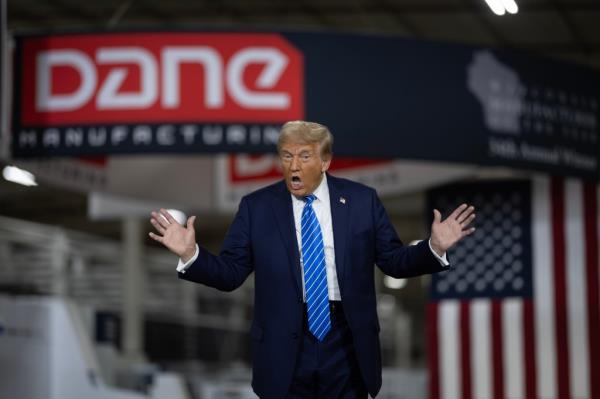 Republican presidential nominee, former U.S. President Do<em></em>nald Trump arrives for a campaign event at Dane Manufacturing on October 01, 2024 in Waunakee, Wisconsin.